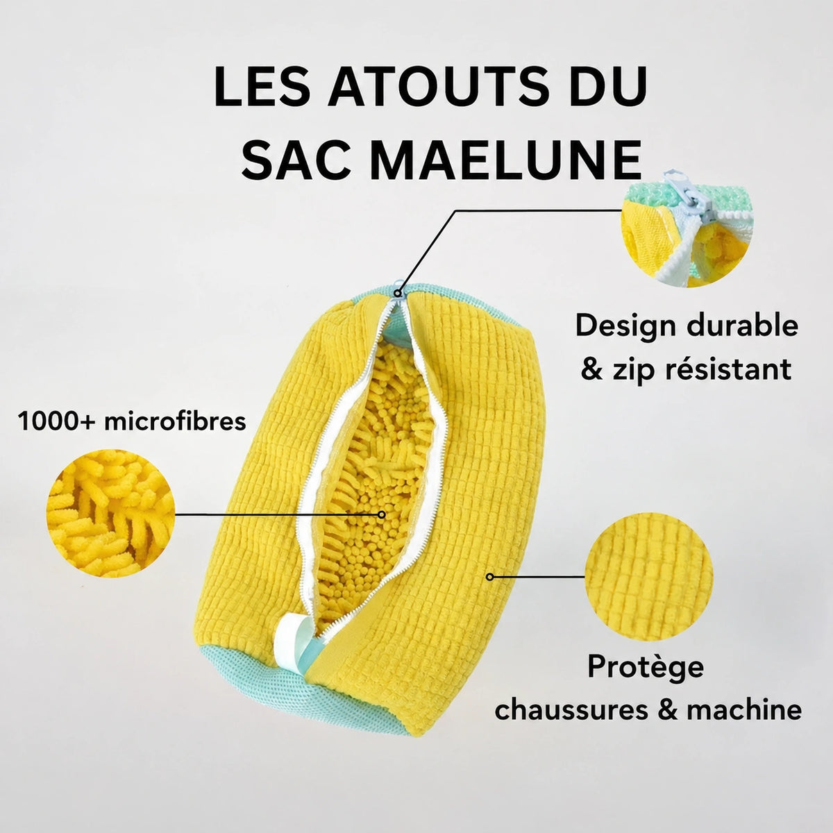 Chaussure protégée dans un sac Maelune pour laver en machine, évitant l'usure et les dommages.
